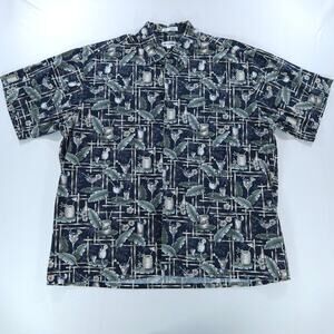Vintage Pierre Cardin Hawaiian Shirt Men's XL Navy Tiki Cocktail Print Cotton
